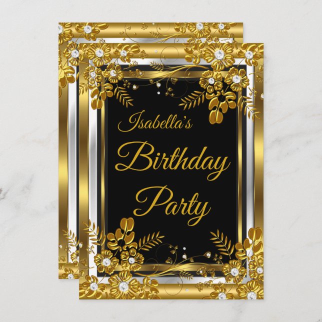 Birthday Party Gold Black White Diamond Floral Invitation (Front/Back)