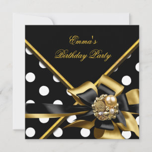 Birthday Party Gold Black White Polka Dot Image Invitation