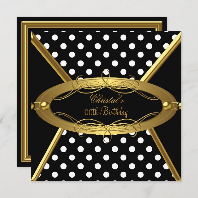 Birthday Party Gold Black White Polka Dot Invitation (Front/Back)
