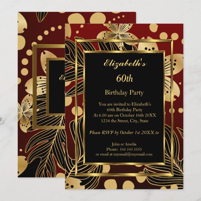 Birthday Party Gold Burgundy Floral Invitation (Front/Back)