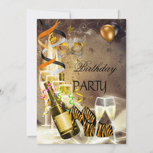 Birthday Party Gold Champagne Shoes mask Invitation (Front)