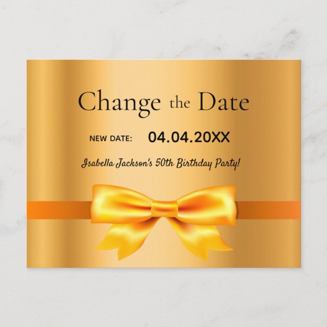 Birthday party gold change the date postcard (Front)