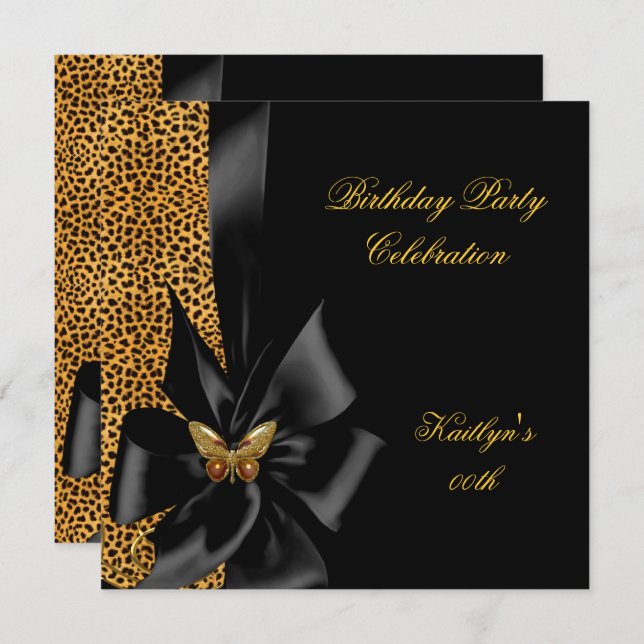 Birthday Party Gold Cheetah Black Butterfly Invitation (Front/Back)