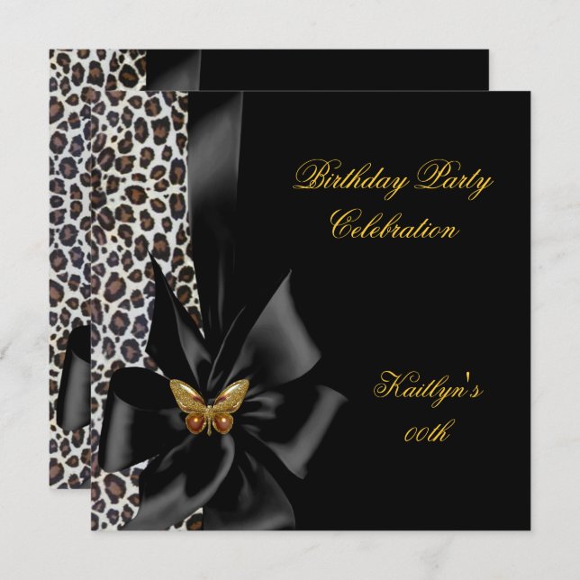 Birthday Party Gold Cheetah Black Butterfly Invitation (Front/Back)