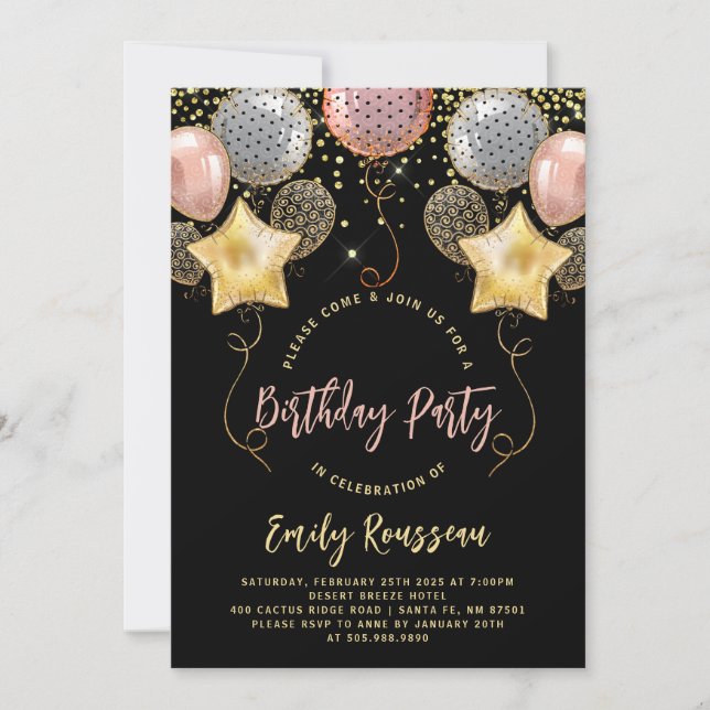 Birthday Party Gold Confetti Balloons Invitation (Front)