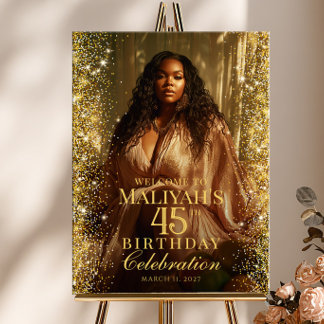 Birthday party gold confetti photo welcome poster