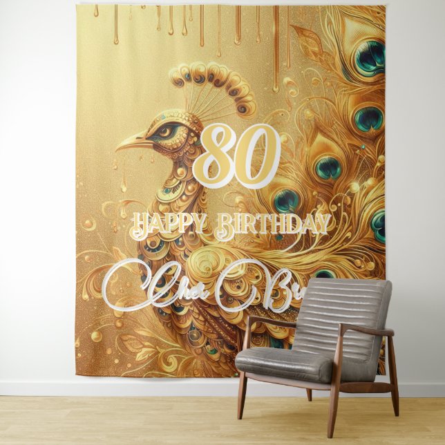 Birthday Party Gold Dripping | Glitter Peacock Tapestry (In Situ)