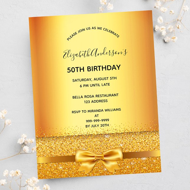 Birthday party gold elegant bow invitation postcard (Creator Uploaded)