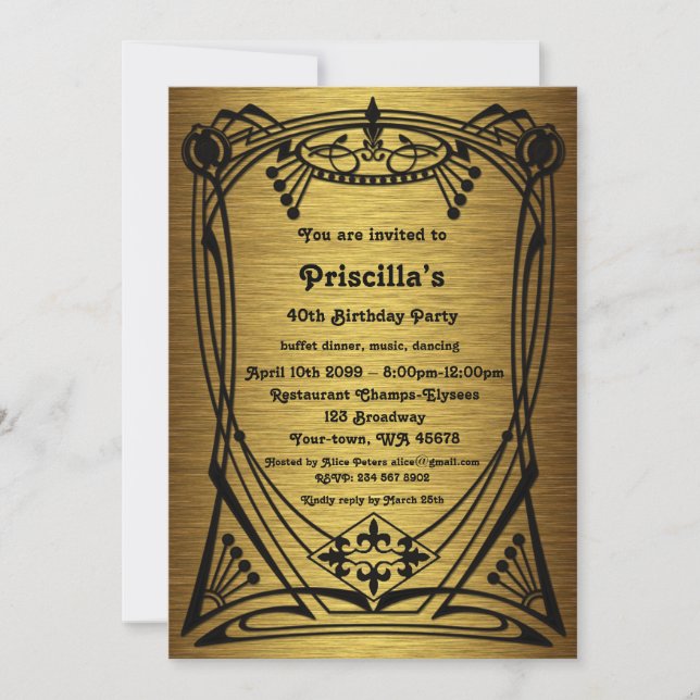 Birthday Party, gold Gatsby style, free recipient Invitation (Front)