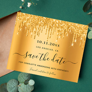 Birthday party gold glitter drips save the date flyer