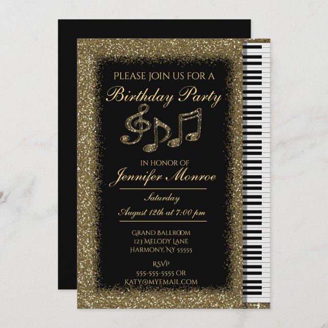Birthday Party Gold Glitter Piano Invitation (Front/Back)