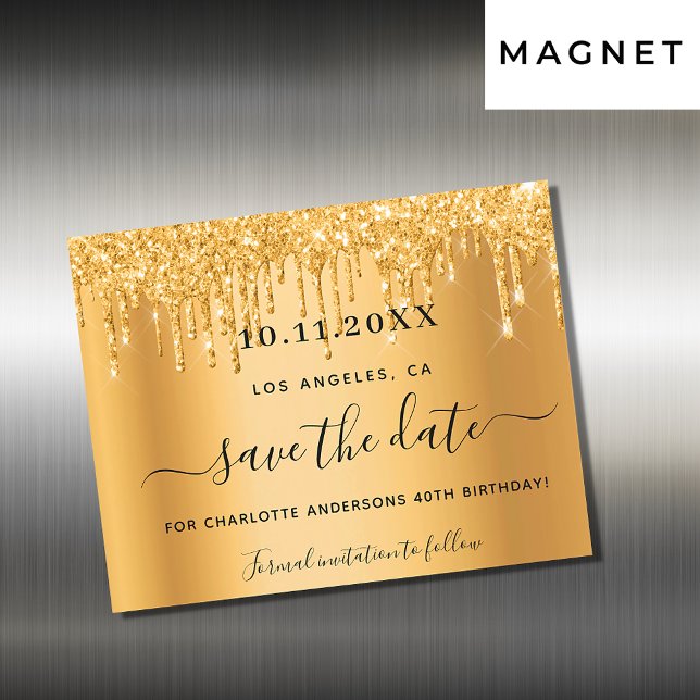 Birthday party gold glitter save the date magnet (Creator Uploaded)