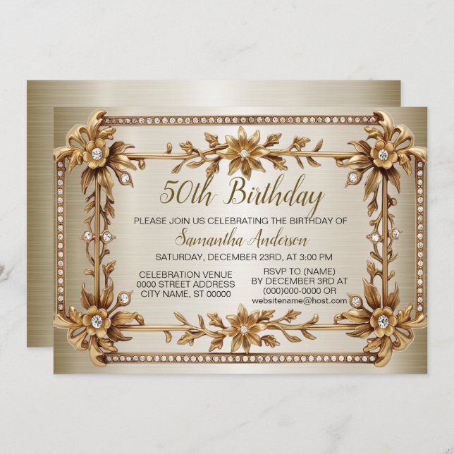 Birthday Party Gold Ornate Rectangle Dimond Flower Invitation (Front/Back)