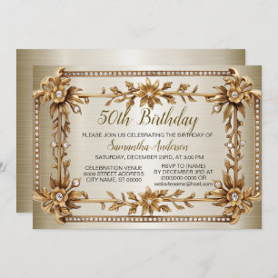 Birthday Party Gold Ornate Rectangle Dimond Flower Invitation
