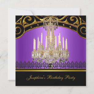 Birthday Party Gold Purple Black Chandelier Invitation