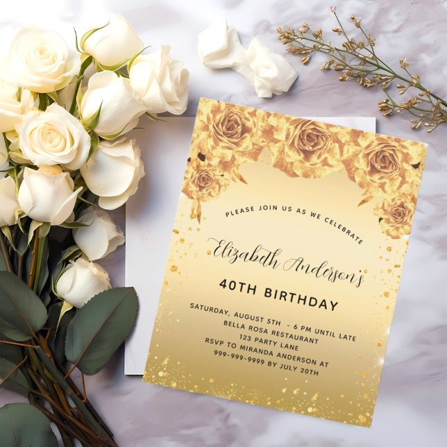 Birthday party gold roses floral invitation (Creator Uploaded)