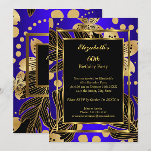 Birthday Party Gold Royal Blue Floral Invitation