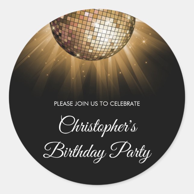 Birthday Party Gold Sparkle Disco Ball Classic Round Sticker (Front)