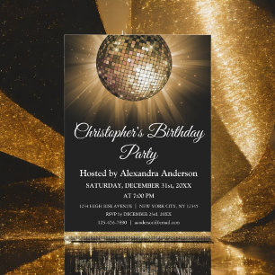 Birthday Party Gold Sparkle Disco Ball Invitation
