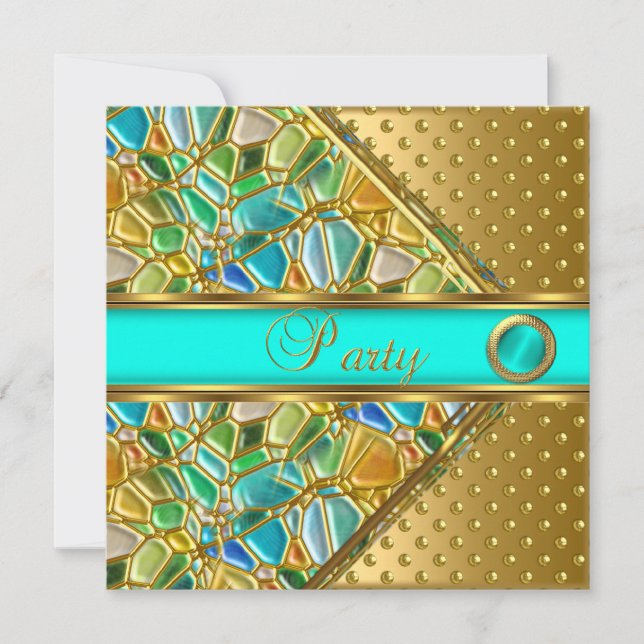 Birthday Party Gold Teal Blue Gold Spot Mosiac Invitation (Front)