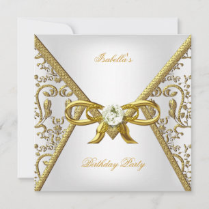 Birthday Party Gold White Damask Bow Image Invitation