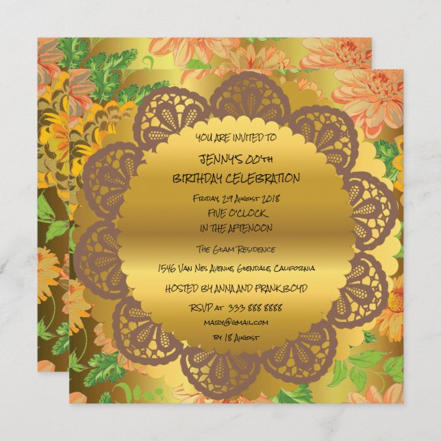 Birthday Party Golden Floral Royal Ornament Invitation (Front/Back)