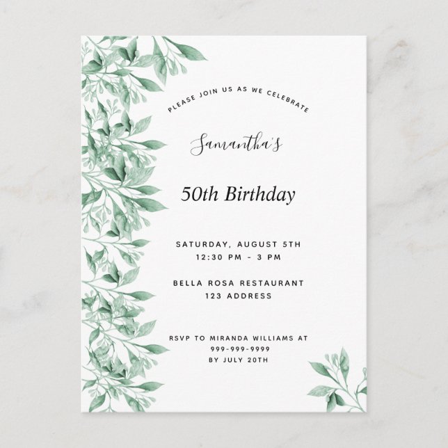 Birthday party green white botanical floral modern invitation postcard (Front)