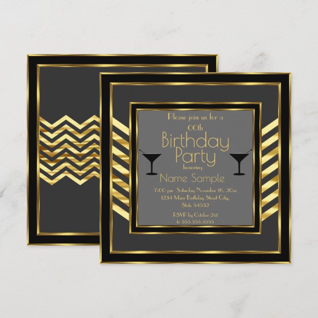 Birthday Party Grey Black Gold Art Deco Martini Invitation (Front/Back)