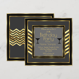Birthday Party Grey Black Gold Art Deco Martini Invitation