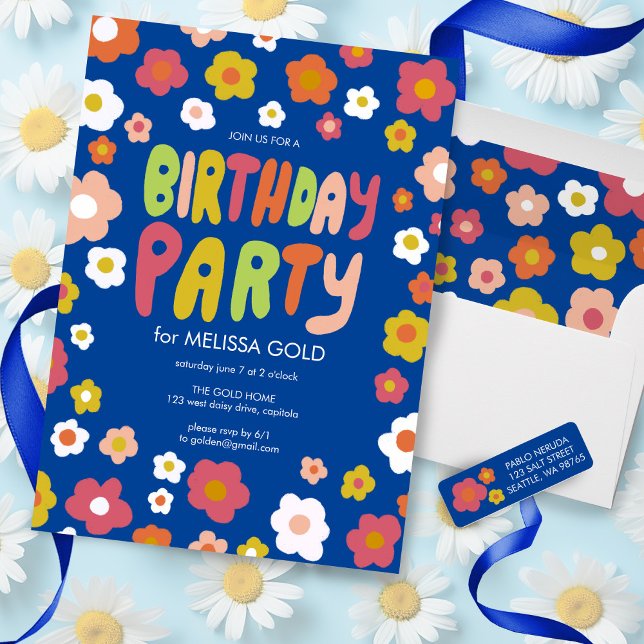 BIRTHDAY PARTY Groovy Daisies Floral CUSTOM Invitation (Groovy daisy custom birthday party invitation, check my shop for matching thank you, envelopes, more)