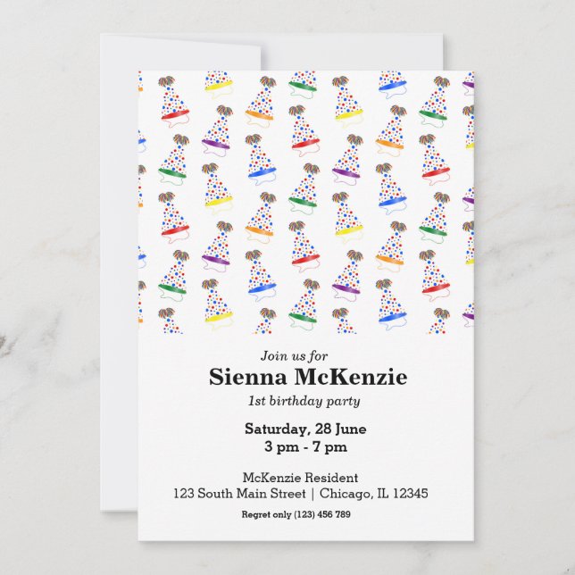 Birthday party hats rainbow invitation (Front)