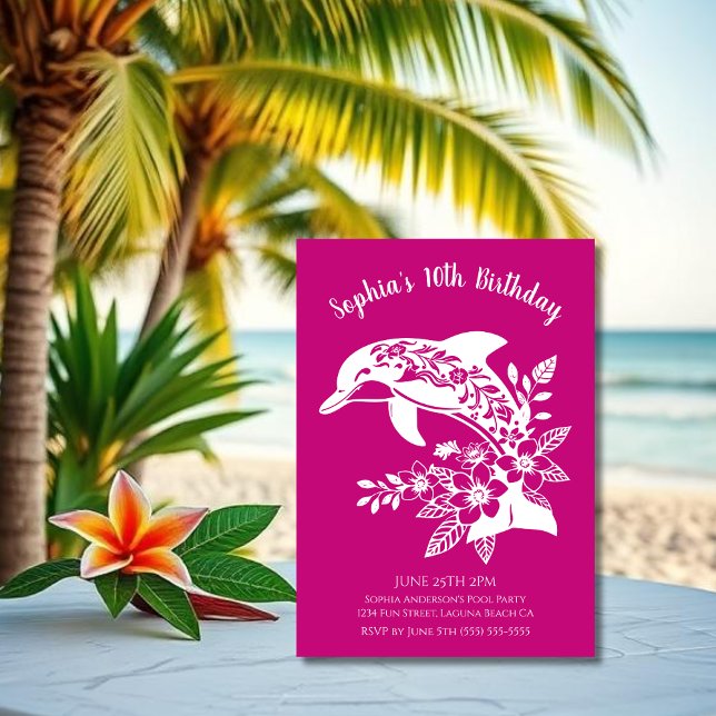Birthday Party-Hawaiian Dolphin Tropical Flowers  Invitation (Hawaiian Dolphin, Flippin Fabulous, Islander Summer, Beach, Fisherman Trend, wine tumbler,)