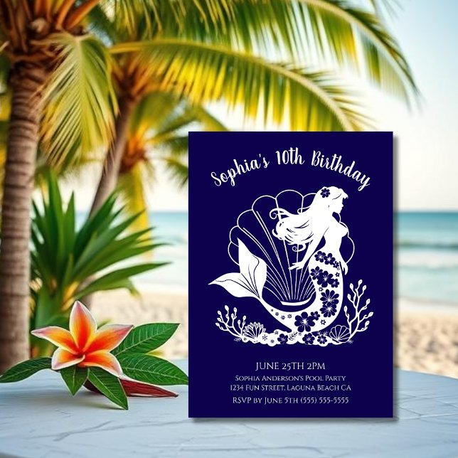 Birthday Party-Hawaiian Mermaid Invitation (Hawaiian Mermaid Sea Shells Tropical Flowers Coral, Birthday Invitation Dark Blue)