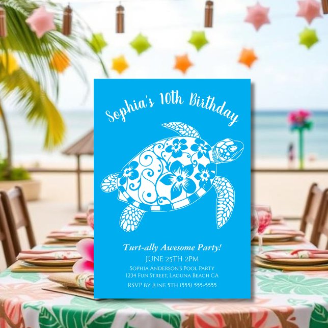 Birthday Party-Hawaiian Turtle Light Blue Invitation (Birthday Party Invitation, Hawaiian Turtle, Tropical Flowers, Hawaiian Tribal, summer, beach, pool)