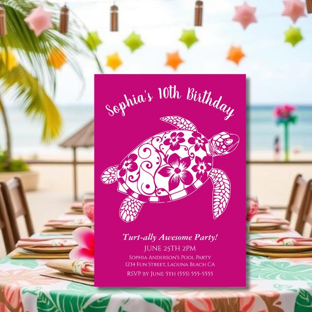 Birthday Party-Hawaiian Turtle Pink Invitation (Birthday Party Invitation, Hawaiian Turtle, Tropical Flowers, Hawaiian Tribal, summer, beach, pool)