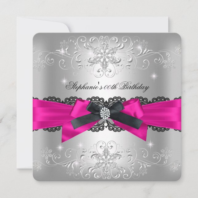 Birthday Party Hot Pink Black Bow Glitter Silver Invitation (Front)
