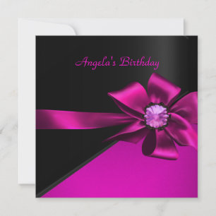 Birthday Party Hot Pink Black Pink Bow Jewel Invitation