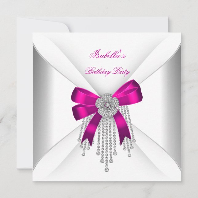 Birthday Party Hot Pink Bow Silver White Diamond Invitation (Front)