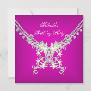 Birthday Party Hot Pink White Silver Pearl Jewel Invitation