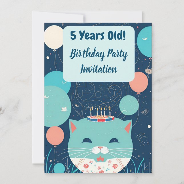 Birthday Party Invitation 5 Year Old Cat Turquoise (Front)