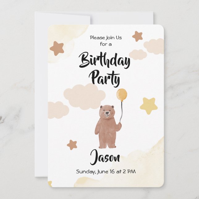 Birthday Party Invitation Bear with Balloon (Front)