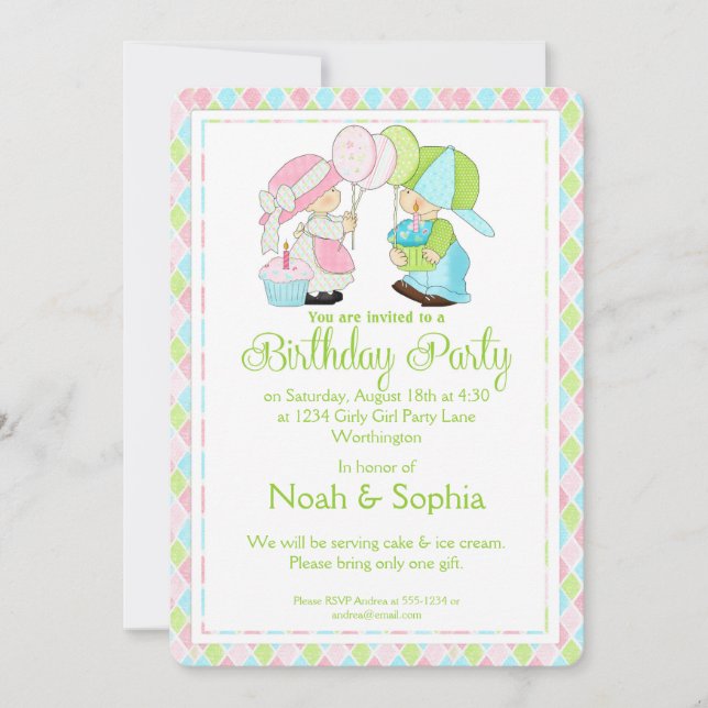 Birthday Party Invitation Boy & Girl Twins d1 (Front)