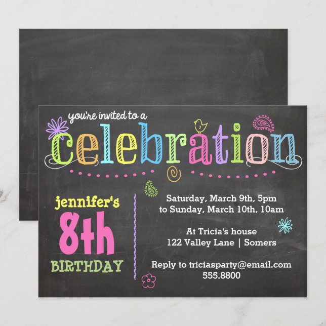 Birthday Party Invitation-Chalk + Neon Invitation (Front/Back)
