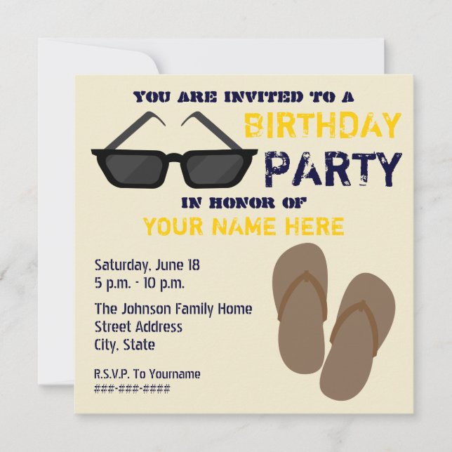 Birthday Party Invitation Flip Flops & Sunglasses (Front)