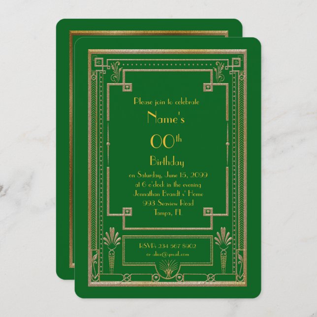 Birthday party invitation,great Gatsby,gold,green Invitation (Front/Back)
