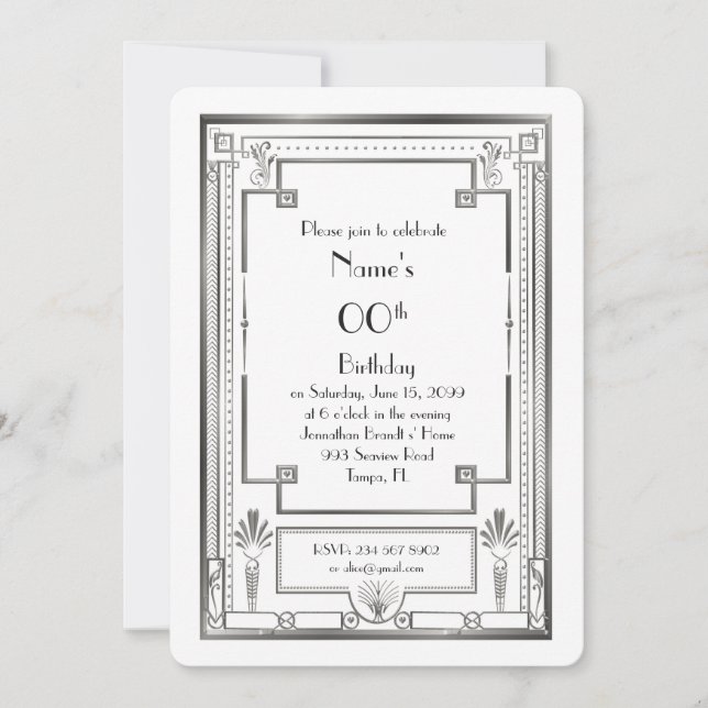 Birthday party invitation,greatGatsby,silver,white Invitation (Front)