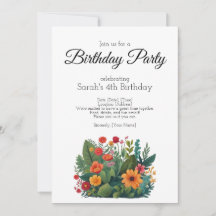 Birthday party invitation, many plants and flowers