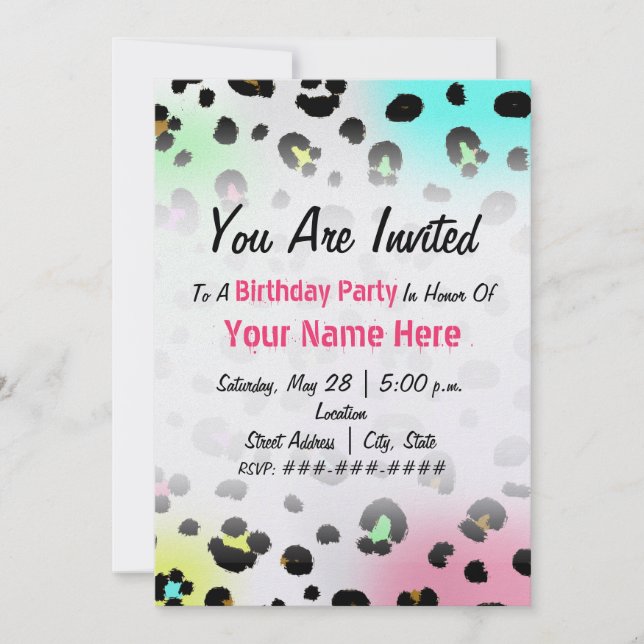 Birthday Party Invitation - Neon Airbrush Leopard (Front)