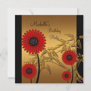 Birthday Party Invitation Red Black Gold Bamboo