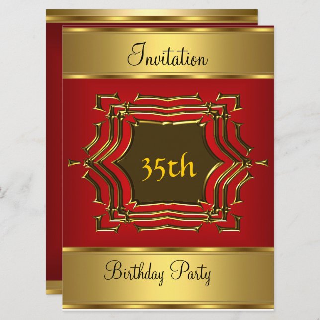 Birthday Party Invitation Red Gold (Front/Back)